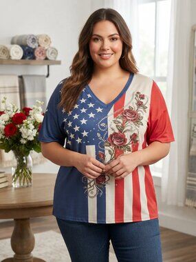 Patriotic V Neck Blouse With Rose Accent